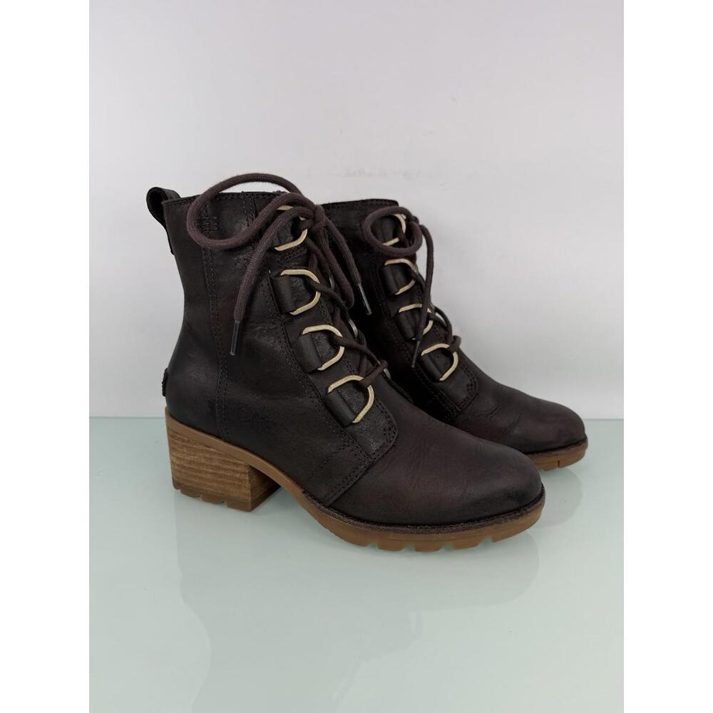 Sorel Cate Lace Bootie Dark Brown Leather Ankle Boots Block Heel Sz 6 Heritage - Picture 9 of 9